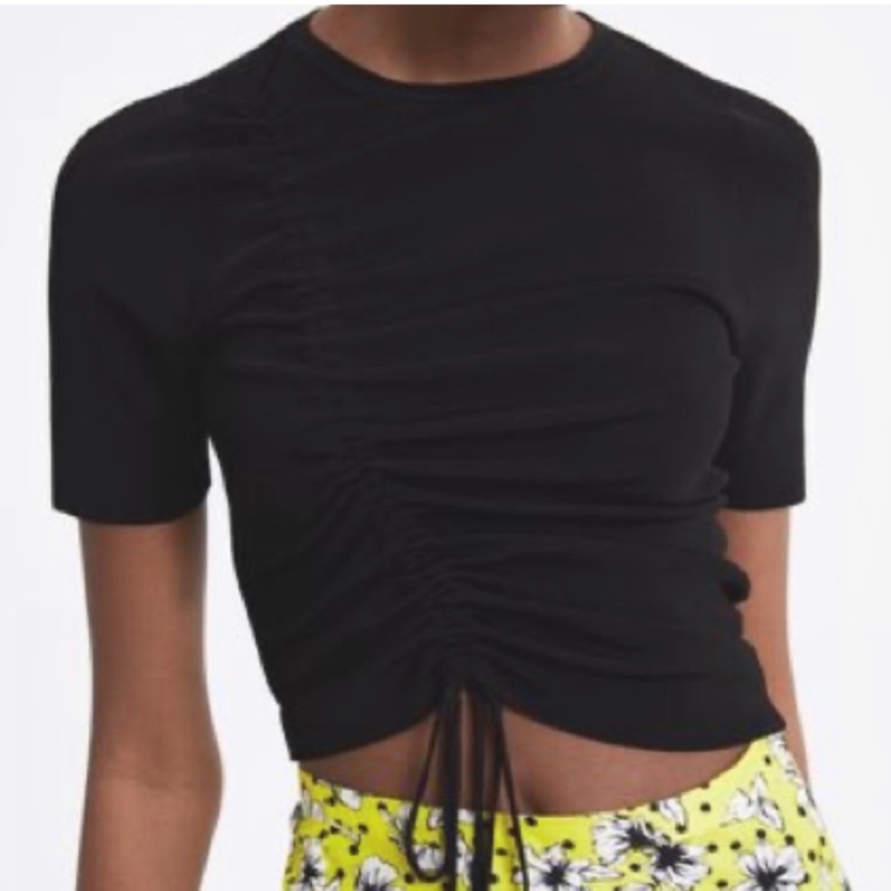 Zara Black Drawstring Front Short Sleeve knit Tee asymmetric